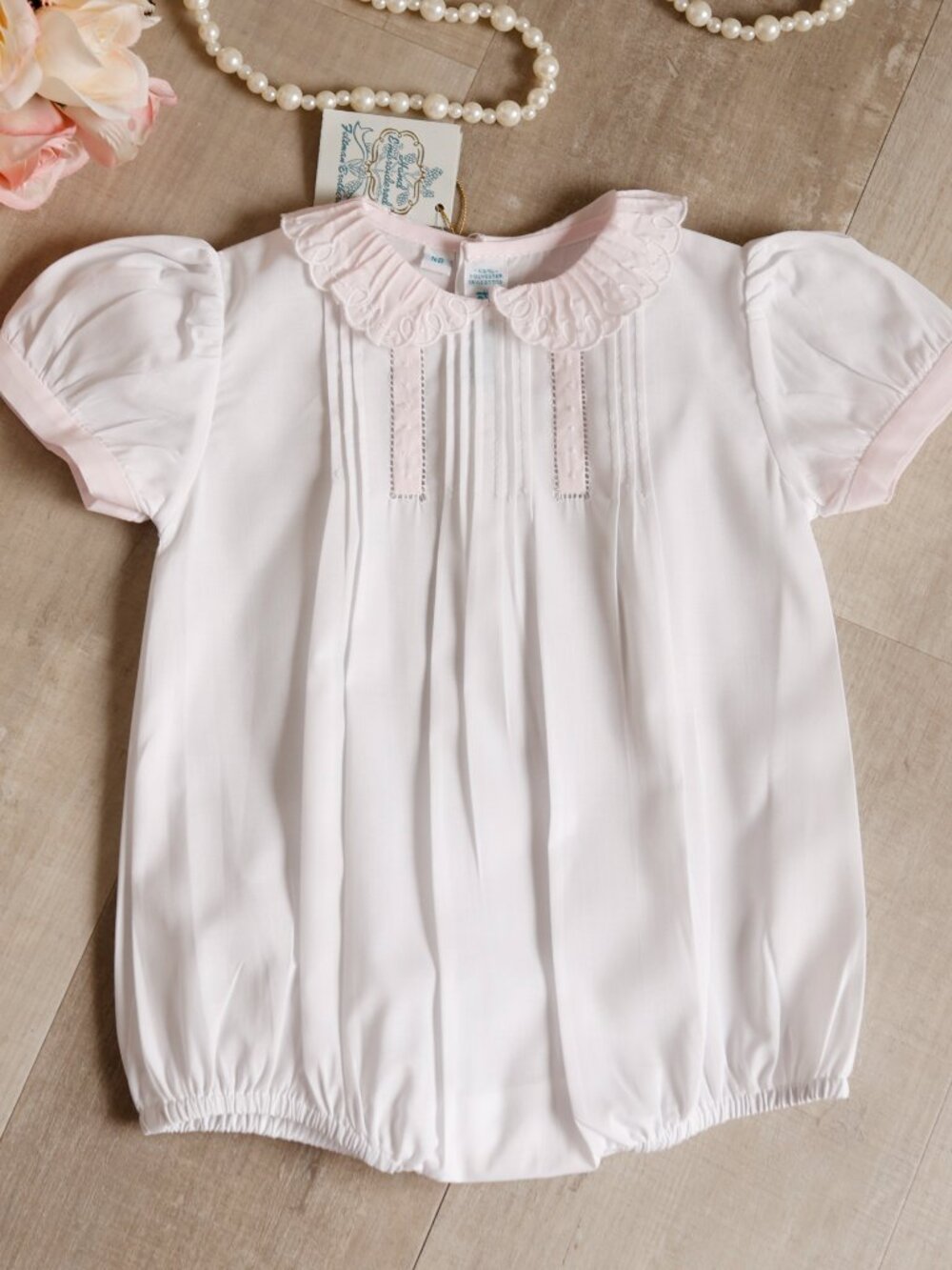White and Pink Vintage Scalloped Collar Romper Newborn Feltman Brothers NWT
